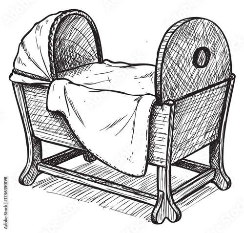 Vintage wooden baby cradle with arched canopy sketch – retro hand drawn illustration