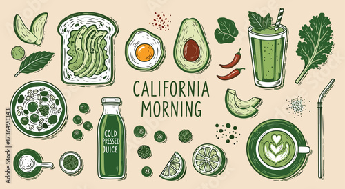 California. Morning. Healthy. A hand drawn vector illustration set of healthy breakfast food for a cafe menu, a food blog, a recipe card, or a vibrant and modern packaging design.