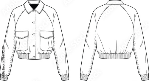 Bomber jacket fashion flat sketch vector illustration showing front and back technical design with collar, ribbed cuffs, and flap pockets