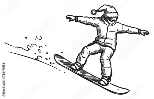 Young male snowboarder in winter gear enjoying a downhill ride – retro hand drawn illustration