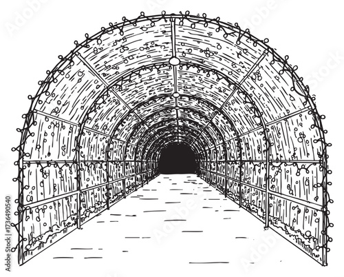 Illuminated tunnel with string lights in black and white illustration – retro hand drawn illustration