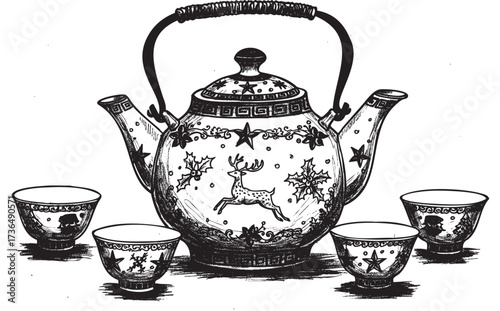 Festive ceramic teapot with reindeer and holly design surrounded by four matching cups – retro hand drawn illustration