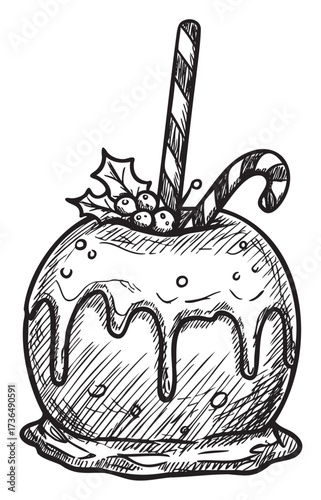 Christmas-themed candy apple with dripping icing and candy cane – retro hand drawn illustration