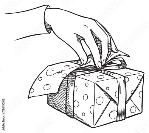 Hand unwrapping polka dot gift box: delicate unveiling of wrapped surprise – retro hand drawn illustration
