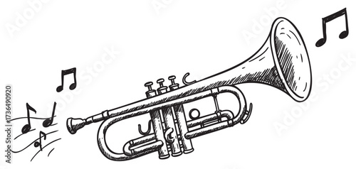 Hand-drawn trumpet with musical notes in vintage sketch style – retro hand drawn illustration