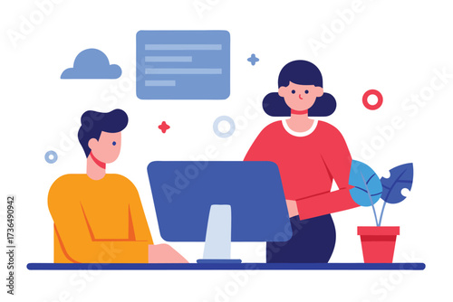 Illustration of Coworkers Working Together at a Blue Computer with Plants and Messaging