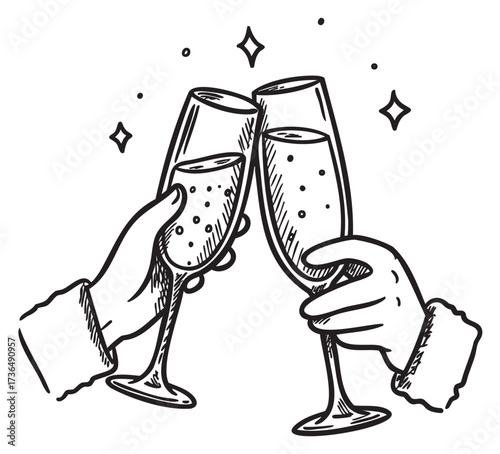 Festive celebration with two hands clinking champagne glasses in black and white drawing – retro hand drawn illustration