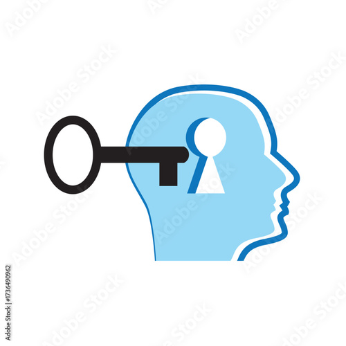 The key to mental health. Human head with keyhole. Psychiatrist concept. Vector illustration with grain, EPS 10