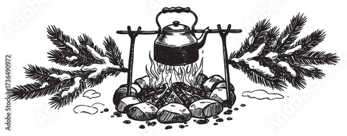Vintage winter camping scene with kettle over campfire and snowy pine branches – retro hand drawn illustration
