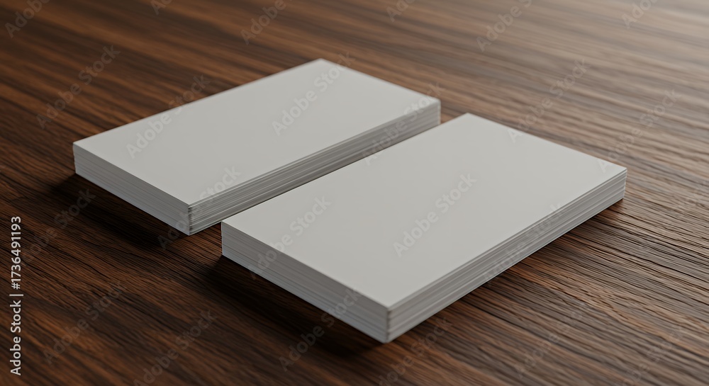 Fototapeta premium Blank White Business Cards Stacked on Wooden Desk