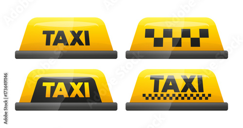 Taxi Service. Taxi light sign collection. Yellow taxi checkered lamp and text for car roof. Vector illustration.