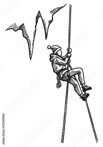 Sketch of climber ascending rope in mountainous landscape – retro hand drawn illustration