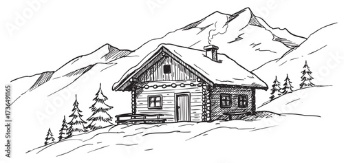 Cozy log cabin in alpine mountain landscape with snowy peaks and evergreen trees – retro hand drawn illustration
