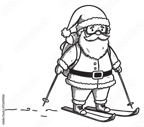 Santa claus skiing illustration: jolly holiday cartoon with skis and poles – retro hand drawn illustration