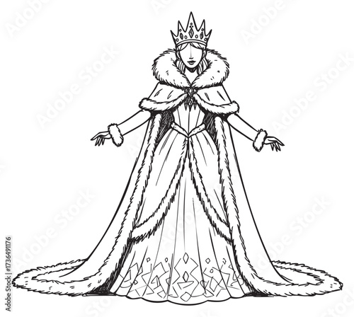 Regal female queen in elaborate gown and crown illustration – retro hand drawn illustration