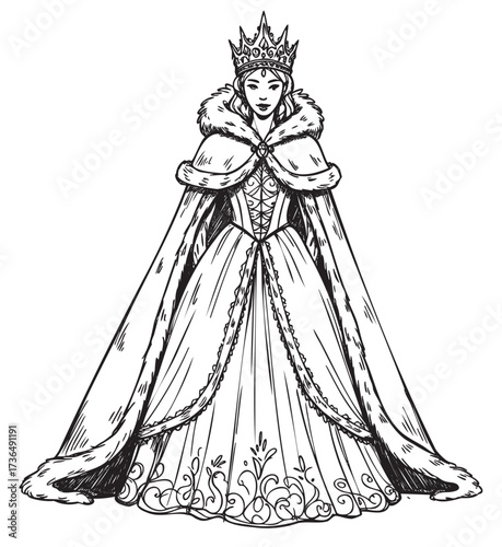 Elegant caucasian queen in regal gown and crown illustration – retro hand drawn illustration