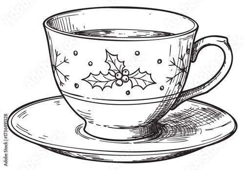 Vintage tea cup with holly design for festive season decor – retro hand drawn illustration