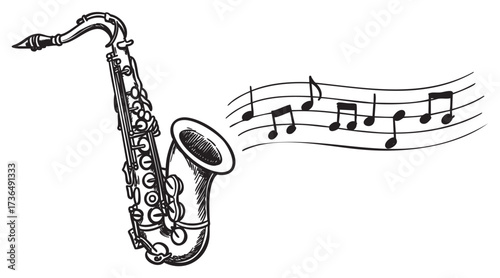Saxophone and flowing musical notes illustration – retro hand drawn illustration