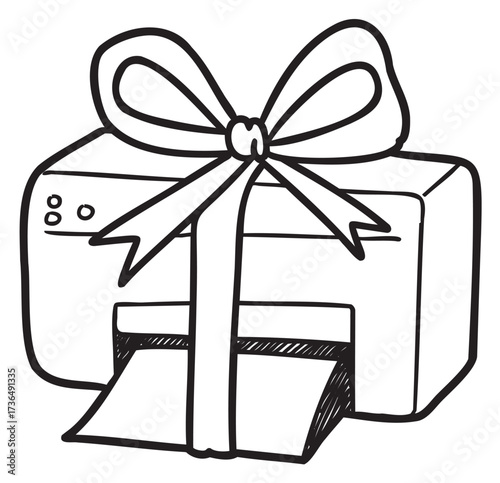 Printer with ribbon bow drawing - gift wrapped technology surprise – retro hand drawn illustration