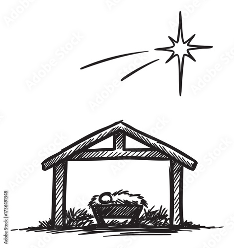 Hand-drawn nativity scene with manger and star illustration – retro hand drawn illustration