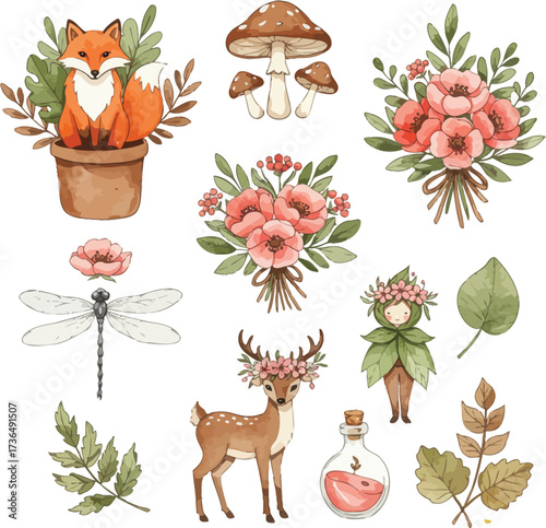 Whimsical woodland creatures and autumn elements collection for creative projects