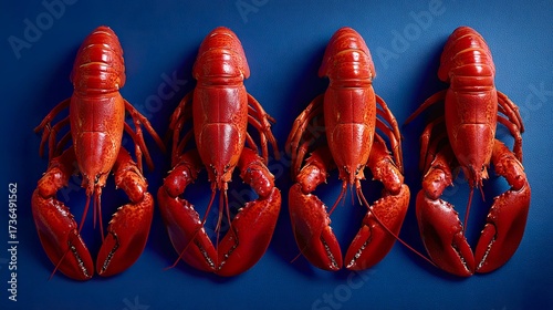 Cooked lobster arrangement on blue background