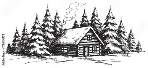 Rustic cabin in snowy forest with tall evergreen trees – retro hand drawn illustration