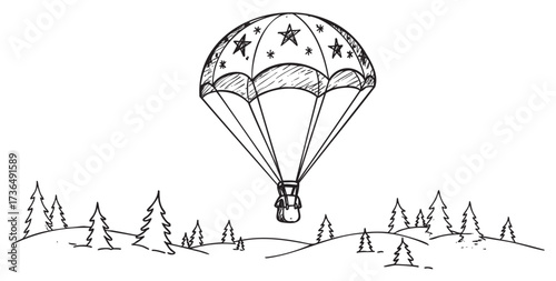 Hand-drawn illustration of parachute with stars over forested landscape – retro hand drawn illustration
