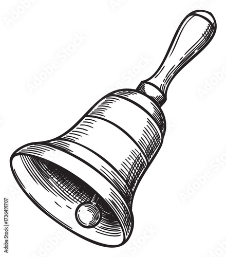 Vintage handbell illustration with wooden handle in black and white – retro hand drawn illustration