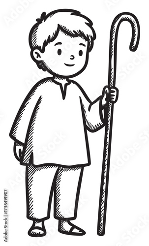 Cartoon young child with shepherd's crook in simple robe – retro hand drawn illustration