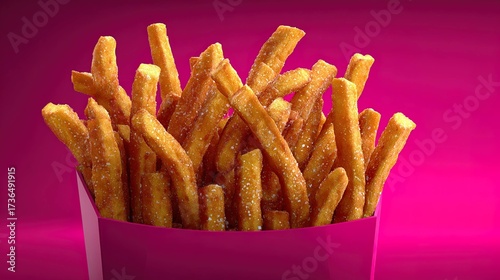 Crispy french fries in a pink carton isolated on vibrant background
