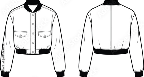 Cropped bomber jacket technical flat sketch with front flap pockets, ribbed collar, waistband, cuffs, and back seam fashion illustration
