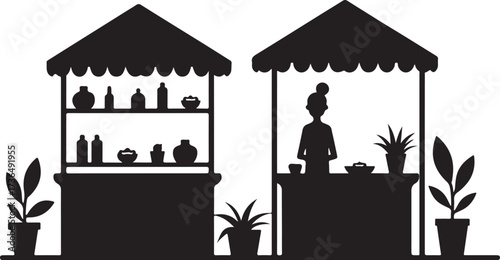 Two market stalls with pottery and plants vendor vases