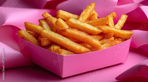 Crispy french fries in pink box