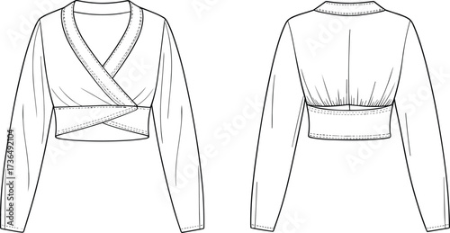 Cropped wrap top technical flat fashion sketch with long sleeves, fitted waistband, gathered back detail, and crossover front vector template