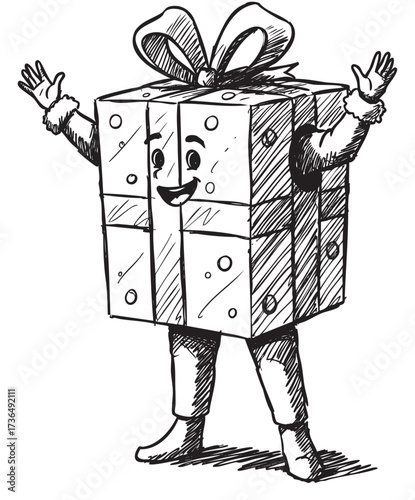 Cartoon drawing of happy gift box character with arms and legs – retro hand drawn illustration