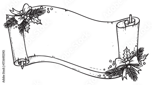 Festive scroll with holly and candle accents for holiday decoration – retro hand drawn illustration