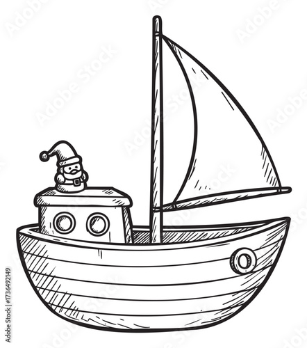 Santa on a sailboat sketch: festive nautical theme with holiday cheer – retro hand drawn illustration
