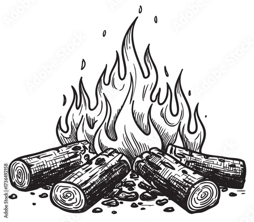 Hand-drawn campfire illustration with crackling logs and rising flames – retro hand drawn illustration