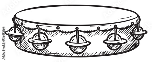 Black and white sketch of tambourine with jingles – retro hand drawn illustration