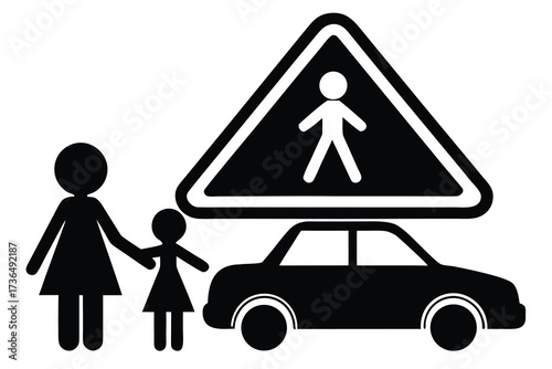 Illustration of Mother and Child Near a Car and Pedestrian Crossing Sign Symbol