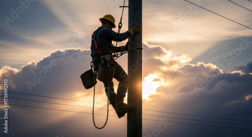 Lineman at Work Against a Sunset Sky