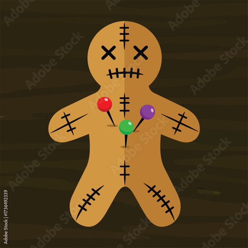 Creepy voodoo doll with colorful pins stuck in its body, evoking spooky Halloween magic and occult rituals on a dark wooden background