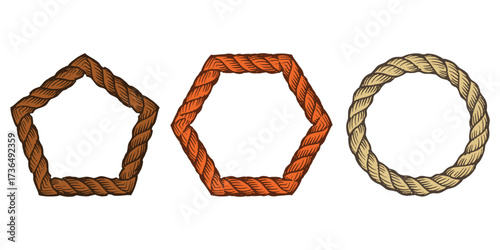 Rope. Frame. Geometric. A rustic vector set of three geometric frames made of rope for a nautical-themed logo, a western-style award, or a decorative branding design element pack.