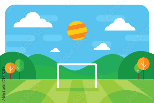 Illustration of Soccer Field with Hills, Sun, Clouds, and Sky in Flat Design Style