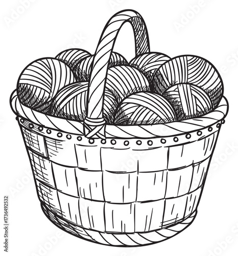 Illustrated basket with yarn balls: hand-drawn sketch of knitting supplies – retro hand drawn illustration
