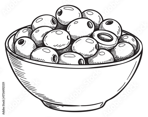 Hand-drawn bowl of olives illustration with engraving style detail – retro hand drawn illustration