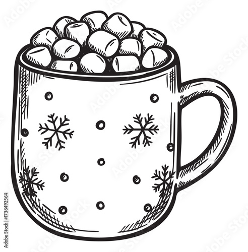 Hand-drawn mug with marshmallows and snowflake design for winter warmth – retro hand drawn illustration