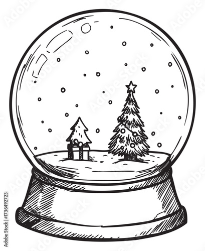 Hand-drawn snow globe with christmas tree and house inside in black and white – retro hand drawn illustration