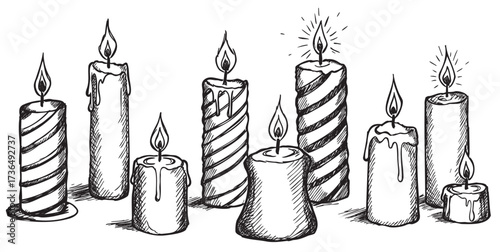 Hand-drawn candle collection with varied designs and flames in black and white – retro hand drawn illustration